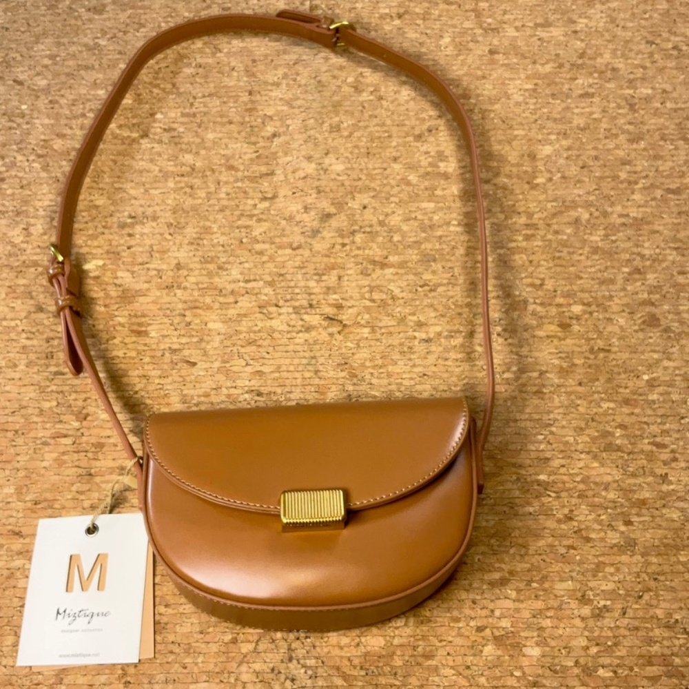 NWT Miztique Camel Tan Vegan Leather Half-moon Minimalist Purse Crossbody Bag